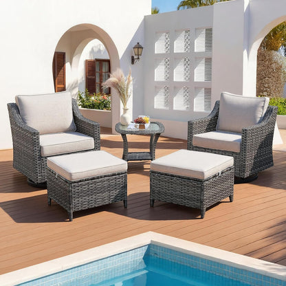 Patio Furniture Set 5 Pieces Luxury Outdoor Swivel Rocker Chairs and Ottomans, Easy Assembly Conversation Set for Porch Deck Balcony Yard in Gray Wicker and Beige Cushions1