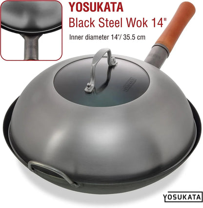 Blue round Bottom Wok Pan – 14" Woks and Stir Fry Pans + 17" Wok Spatula and Ladle Skimmer Spoon + Wok Lid 13.6 Inch7