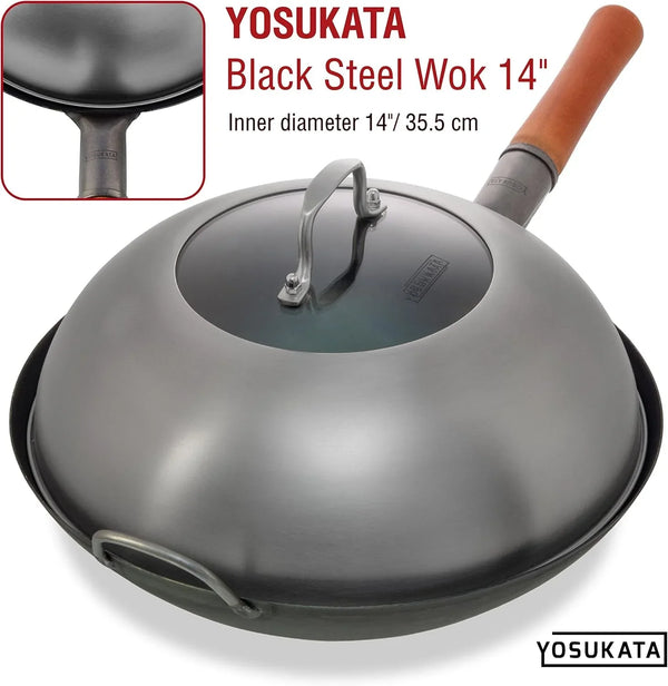 Blue round Bottom Wok Pan – 14" Woks and Stir Fry Pans + 17" Wok Spatula and Ladle Skimmer Spoon + Wok Lid 13.6 Inch7