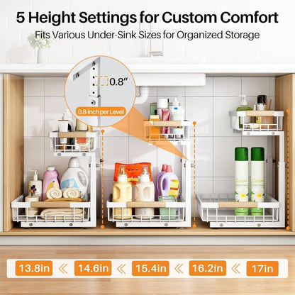 under Sink Organizer, Adjustable Height, 2 Tier Pull Out under Cabinet Organizer, Slide Out Thickened Metal under Sink Storage for Kitchen Bathroom Laundry Pantry Cabinet, White, Large-2-Pack5