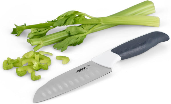 Comfort Mini Santoku Knife, 12Cm/4.5In, Japanese Stainless Steel, Non Slip Handle, Cover for Safety, Black/White, Professional Kitchen Knife, Dishwasher Safe1