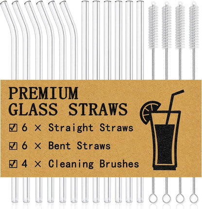 ® 12Pcs Glass Straws with 4Pcs Brushes, Reusable Clear Glass Drinking Straws, 8.5''X10Mm, Set of 6 Straight and 6 Bent with 4 Cleaning Brushes, Perfect for Smoothies, Milkshakes, Juice, Tea1