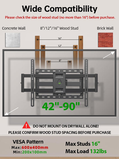 Full Motion TV Wall Mount for Most 42-90 Inch Flat Screen/Led/4K, TV Mount Bracket Dual Swivel Articulating Tilt 6 Arms, Max 16" Wood Studs, VESA 600X400Mm, Holds up to 132Lbs2