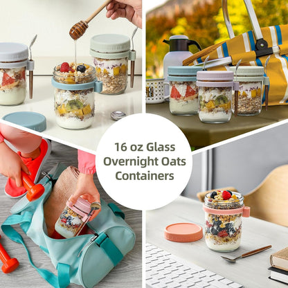 6 Pack Overnight Oats Containers with Lids and Spoons, 16 Oz Glass Mason Overnight Oats Jars, Large Capacity Airtight Jars for Milk, Cereal, Fruit6