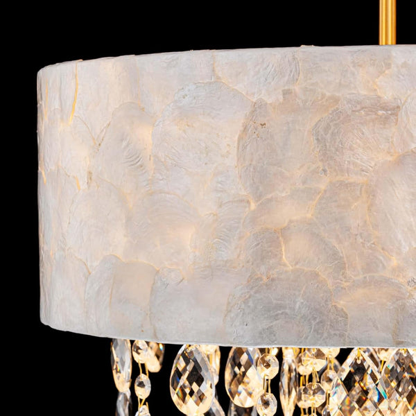 D18In Drum Capiz Shell Crystal Chandeliers, 4-Light Coastal Style Light Fixture for Dining Room, Living Room, D18X21~68"(Adjustable), K9 Crystal, Shell Lampshade & Gold Finish7
