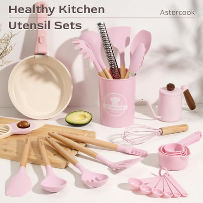 Kitchen Utensils Set, 39 PCS Silicone Cooking Utensils Set with Wooden Handle, 446°F Heat Resistant Food Grade Utensil Sets, BPA Free Kitchen Gadgets Tools Set for Nonstick Cookware (Pink)2