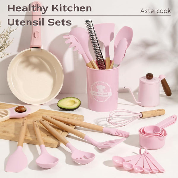 Kitchen Utensils Set, 39 PCS Silicone Cooking Utensils Set with Wooden Handle, 446°F Heat Resistant Food Grade Utensil Sets, BPA Free Kitchen Gadgets Tools Set for Nonstick Cookware (Pink)2