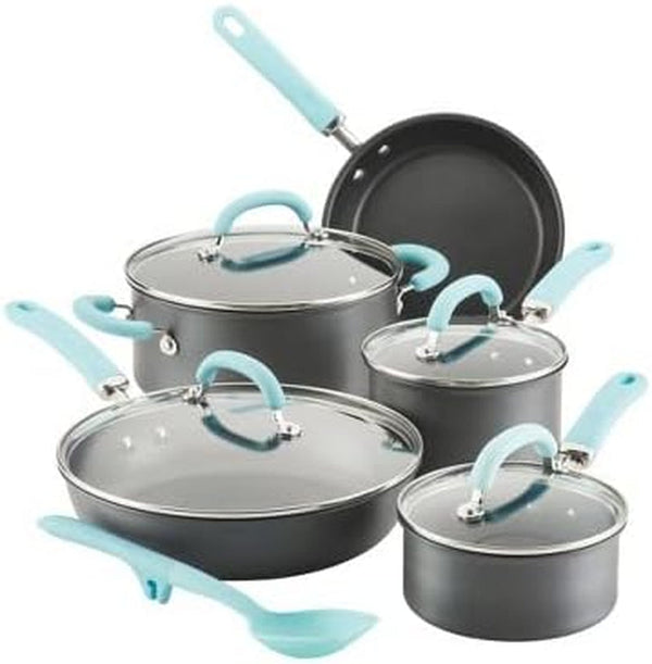 Create Delicious Hard Anodized Nonstick Cookware Induction Pots and Pans Set, 10 Piece - Gray with Light Blue Handles1