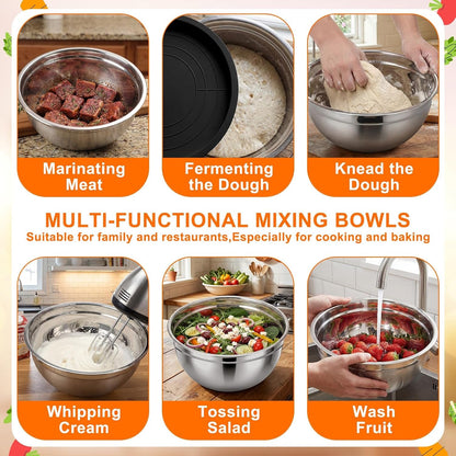 18 Pack Stainless Steel Mixing Bowls with Lids Set Includes Stainless Steel Measuring Cups and Spoons Wire Balloon Whisk Silicone Spatulas Suitable for Kitchen Cooking Baking(Black)5