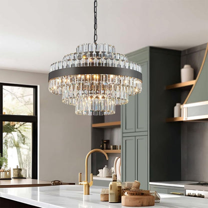 Black Modern round Crystal Chandelier, 12-Lights Luxury Chandeliers Modern 3-Tiers K9 Crystal Chandelier Pendant, Light Fixture G9 Lights for Dining Living Room Kitchen Dia 23 Inch6
