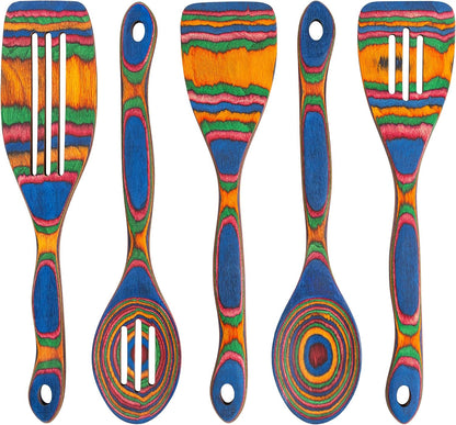 5Pc Wood Cooking Utensils Set - Wooden Spoons for Cooking – Pakka Wood Utensils for Cooking and Serving – Comfortable Grip and Non Stick (Blue Rainbow)1
