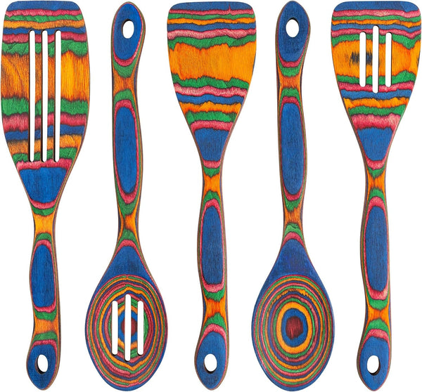 5Pc Wood Cooking Utensils Set - Wooden Spoons for Cooking – Pakka Wood Utensils for Cooking and Serving – Comfortable Grip and Non Stick (Blue Rainbow)1