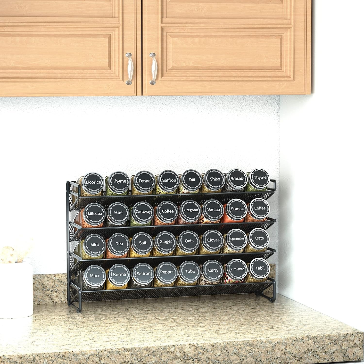 spice-rack-organizer-with-32-spice-jars-386-spice-labels-chalk-marker-and-funnel-set-for-cabinet-countertop-pantry-cupboard-or-door-wall-mount-32-jars-15-3-w-10-8-h-black