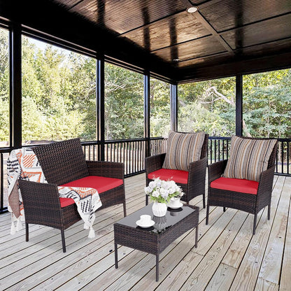 Patio Furniture Set 4 Pieces, Outdoor Rattan Furniture with Tempered Glass Coffee Table, Modern Rattan Patio Chairs Conversation Sets with Sofa for Garden, Terrace, Porch, Lawns Brown/Red9