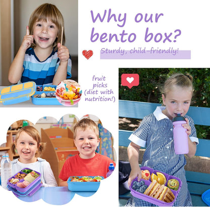 Bento Lunch Box for Kids Girls Boys, Toddler Kids Lunch Boxes for School, Lunch Containers for Adults with 4 Compartments, Sauce Container, Utensils, Food Picks and Muffin Cups, Purple7