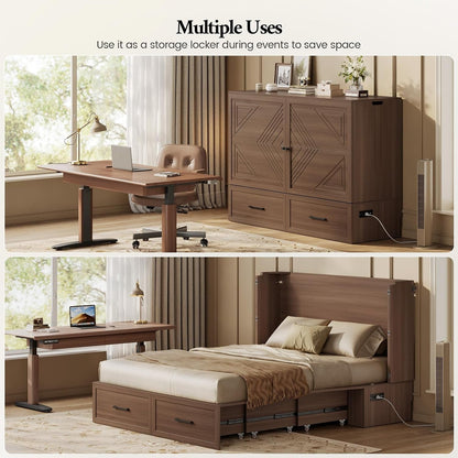 Queen Murphy Bed Cabinet with Storage Drawer & Charging Station5