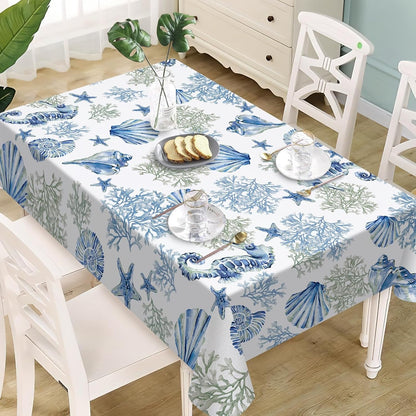 Blue Beach Rectangle Tablecloth 60 X 104 Inches, Coastal Sea Conch1