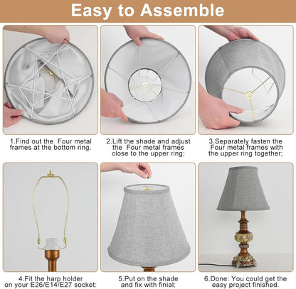 Bell Lamp Shade Set with 2 Lamp Harps – 2-Pack Gray Linen Shades with Metal Frame, 6.7"X13"X10", Spider Fitter for E26/E14 Table, Floor, and Pendant Lamps3