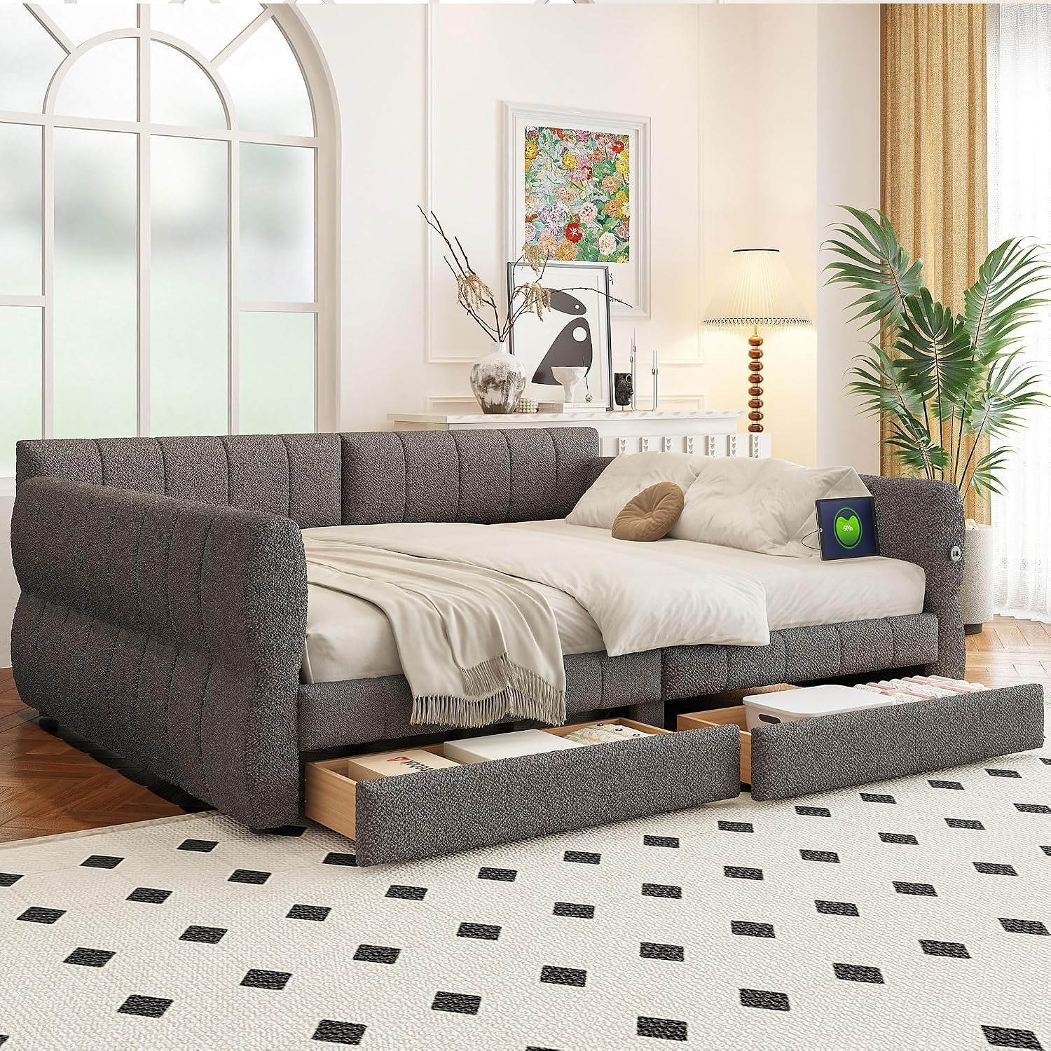 king-daybed-with-usb-king-corner-bed-upholstered-bed-frame-with-2-drawers-for-kids-teens-adults-lambswool-gray