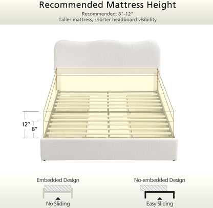 Queen Size Storage Bed Frame with 4 Pull-Out Drawers, Modern Upholstered Boucle Platform Bed with Curved Headboard, Wood Slats, No Box Spring Needed, Cream White8