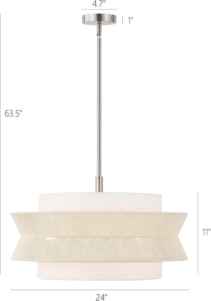 24 in 5-Light Drum Chandelier, Modern Farmhouse Hanging Light with Dual-Layer Woven Rope & Fabric Shade, Brushed Nickel Pendant Light, Adjustable for Dining Room, Kitchen Island, Entryway3