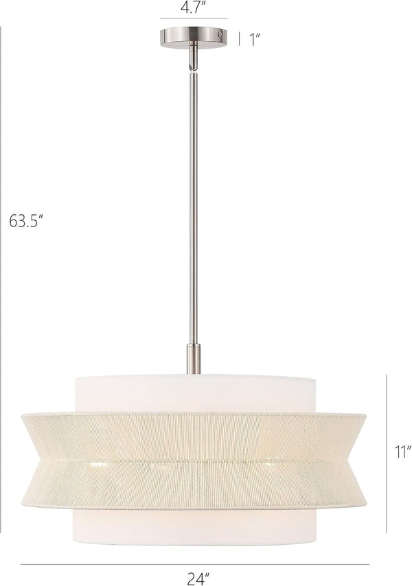 24 in 5-Light Drum Chandelier, Modern Farmhouse Hanging Light with Dual-Layer Woven Rope & Fabric Shade, Brushed Nickel Pendant Light, Adjustable for Dining Room, Kitchen Island, Entryway3