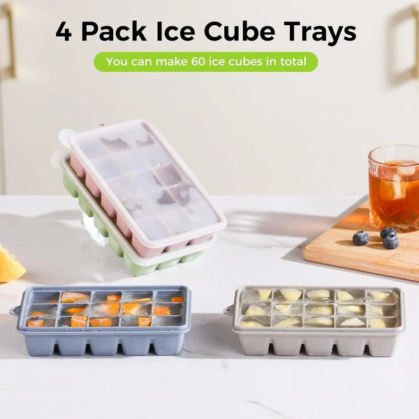 4-Pack Silicone Ice Cube Trays with Lid, Easy Release Ice Cube Molds, Reusable and Stackable Ice Trays for Freezer for Cocktail, Whiskey, Baby Food, BPA Free (Multicolour)6