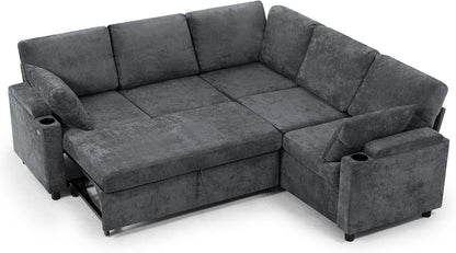 85" Chenille Sectional Sofa W/Pull Out Bed & Storage Space, Grey8