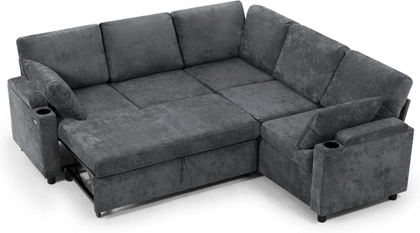 85" Chenille Sectional Sofa W/Pull Out Bed & Storage Space, Grey8
