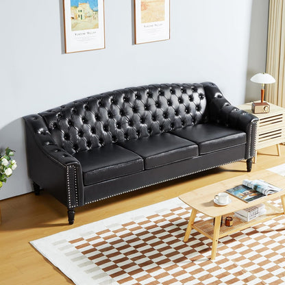 Mid-Century Modern Leather Couch, 80" Large Upholstered Sofa with High Back, Chesterfield Sofa Sleeper Settee with Solid Wood Legs, Tufted 3 Seater Wide Couches for Living Room Office (Black)7