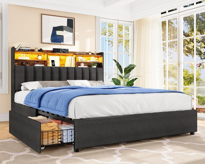 Queen Bed Frame with Headboard and 4 Drawers Storage, Bed Frame Queen Size Built in LED Lights and Charging Station, Sturdy & Noise-Free Upholstered Platform Metal Support Bed, Dark Grey1