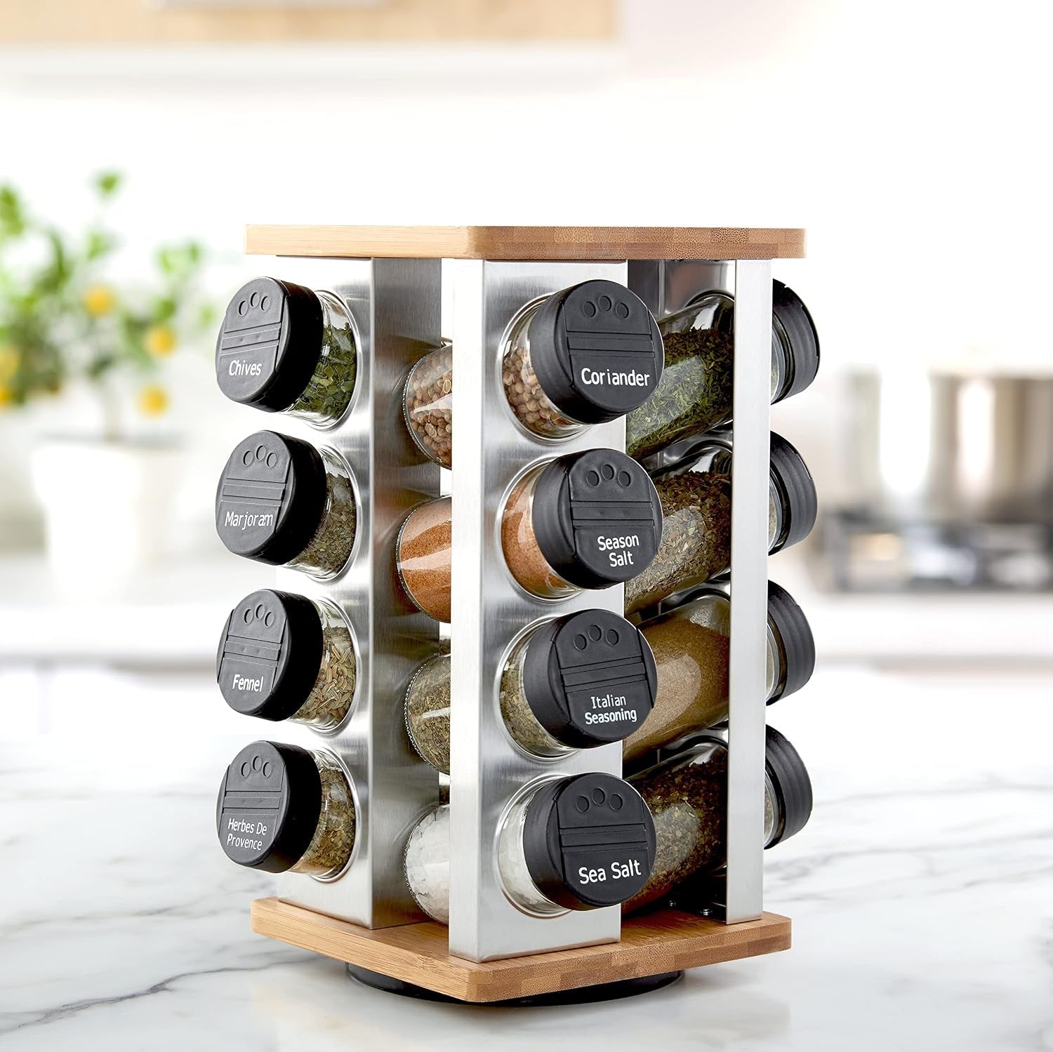 16-jar-warner-revolving-countertop-spice-rack-organizer-with-lift-pour-caps-and-spices-included-free-spice-refills-for-5-years-stainless-steel-bamboo-with-black-caps
