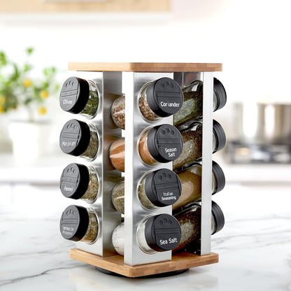 16 Jar Warner Revolving Countertop Spice Rack Organizer with Lift & Pour Caps and Spices Included, FREE Spice Refills for 5 Years, Stainless Steel & Bamboo with Black Caps3