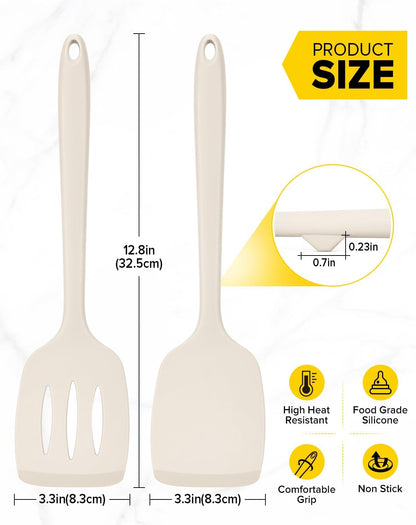 Pack of 2 Silicone Spatula Turners, Non Stick Slotted Kitchen Spatula Set, Heat Resistant BPA Free Kitchen Utensils, One-Piece Design, Suitable for Flipping Fish, Eggs, Steak, Pancakes(Khaki)3