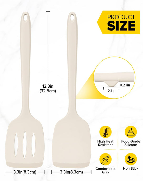 Pack of 2 Silicone Spatula Turners, Non Stick Slotted Kitchen Spatula Set, Heat Resistant BPA Free Kitchen Utensils, One-Piece Design, Suitable for Flipping Fish, Eggs, Steak, Pancakes(Khaki)3