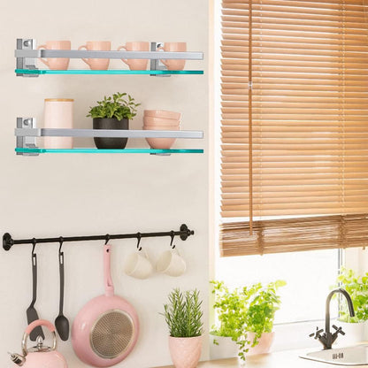 2-Pack Tempered Glass Bathroom Shelf with Rail, 15" X 4.5" Rectangular Shower Caddy, Wall Mounted Floating Shampoo Holder for Lavatory, Kitchen, Living Room7