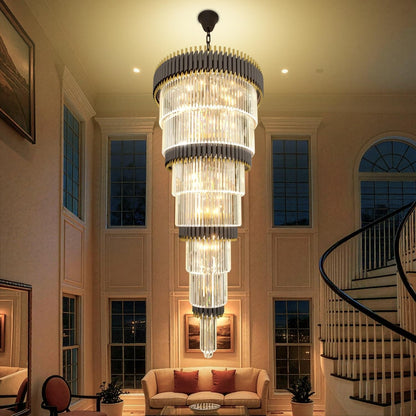 Luxury Black Gold Chandelier for High Ceilings 7-Tier Chandelier for Staircase Foyer Villa Large Farmhouse Crystal Ceiling Lighting D32 in × H95 In1