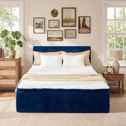 Queen Boneless Bed Frame with Mattress, 16 Inch Memory Foam Mattress with Plush Fabric Upholstered Bed Frame Platform, No Assembly Required,Cool Night & Relieve Pressure with Medium Support, Blue1