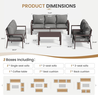 Aluminum Patio Furniture Set 5 Pieces Modern Patio Conversation Sets for Porch, Deck, Garden, 7-Seat Outdoor Furniture Metal Sofa Set with 4" Water-Resistant Cushion & Coffee Table,Gray4