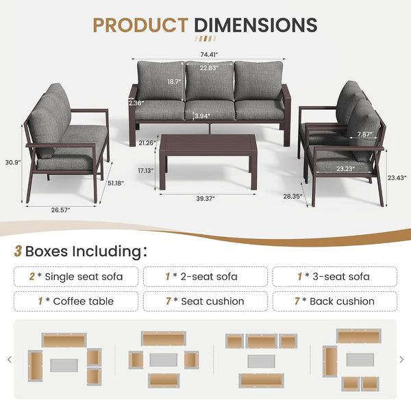 Aluminum Patio Furniture Set 5 Pieces Modern Patio Conversation Sets for Porch, Deck, Garden, 7-Seat Outdoor Furniture Metal Sofa Set with 4" Water-Resistant Cushion & Coffee Table,Gray4