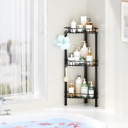Standing Shower Caddy Corner - 3‑Tier Stainless Steel Shower Organizer Shelf with 12 Hooks and Adhesive Pads, Rustproof Corner Shelves Stand Rack for Bathroom Shower Room, Black5