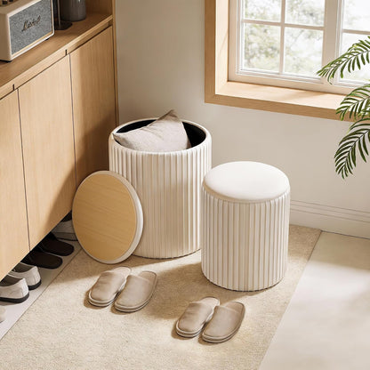 round Ottomans with Storage, Vanity Stool, Foot Stool, Set of 2 | 14.57"D X 18.11"H and 12.60"D X 14.96"H, Velvet Ottoman for Living Room, Bedroom, Dorm, Beige2