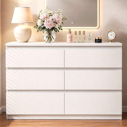 6 Drawer Double Dresser for Bedroom, Modern Simply Chest of Drawers, Wood Storage Dresser with Anti-Tipping for Living Room Hallway Entryway, Nursy White (15.3" D X 47.2" W X 32.3" H)1