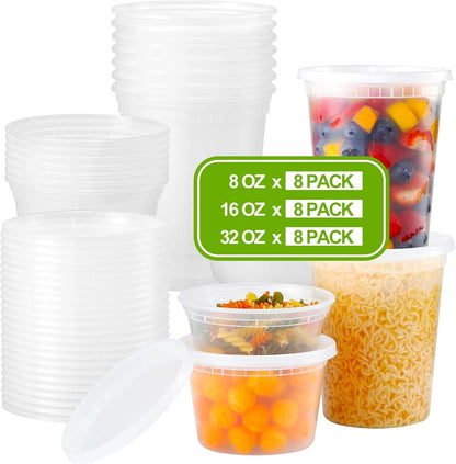 24 Sets Plastic Deli Food Containers with Lids, 8 Oz 16Oz 32Oz Variety Pack, Airtight Food Storage Containers, Freezer/Dishwasher/Microwave Safe, Soup Containers for Takeout Food Storage1