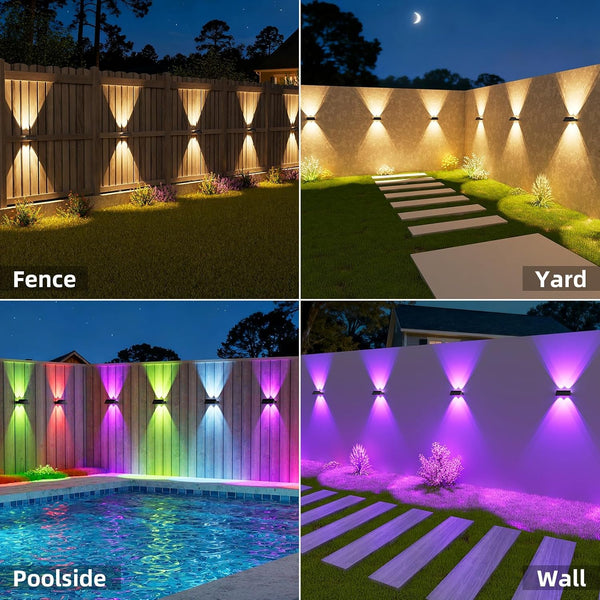 Solar Fence Lights Outdoor, 12 Pack up and down Waterproof Solar Wall Lights, Warm & Cool White + RGB, Fence Lights with Lens, Dusk to Dawn Lighting for Patio, Backyard, Pool, Railing (Black)4
