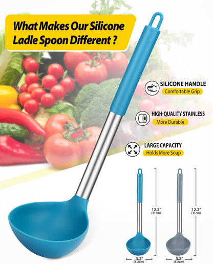 Silicone Soup Ladle Spoon Kitchen Utensils, 2 Pack, Grey-Blue2