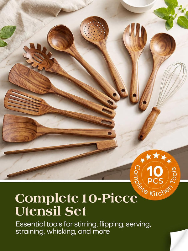 10Pcs Wooden Kitchen Utensils, Teak Wood Utensil Set for Kitchen, Heat-Resistant Wooden Spoons for Cooking, Nonstick Wood Spatula Soup Ladle Tong Egg Whisk2