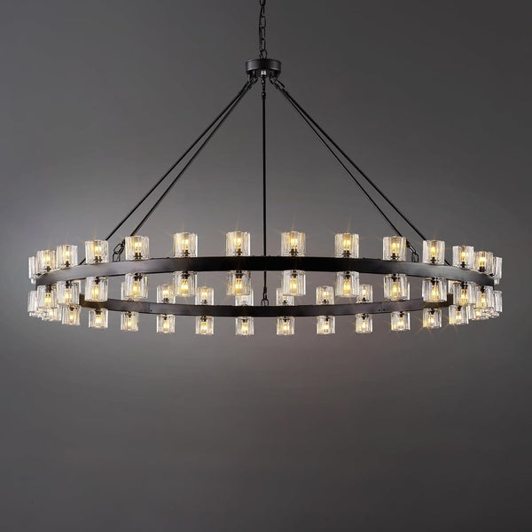 60 Inch Black Wagon Wheel Chandelier with Crystal Shade, 60-Light Large round Modern Farmhouse Style, Ideal for High Ceiling, Dining Room, Kitchen, Entryways, Foyer1