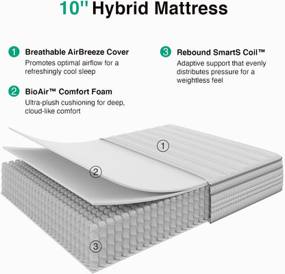 Queen Mattress, 10 Inch Queen Size Mattresses in a Box with Smarts™ Pocket Coil for Pressure Relief, Medium Plush Foam and Spring Hybrid Colchones with Certipur-Us Certified8