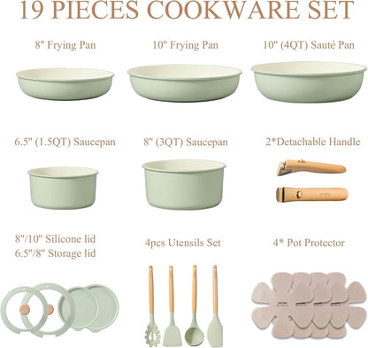 19Pcs Pots and Pans Set Non Stick, Detachable Handle Cookware | Kitchen Cooking Sets, Space Saving, Dishwasher & Oven Safe, Non-Toxic, for Camping/Rv/Traveling, Sage Green2